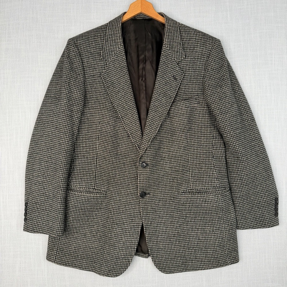 VTG Arnie Mens Tweed Blazer Sport Coat 100% Wool Plaid Black Ivory 44R USA Made